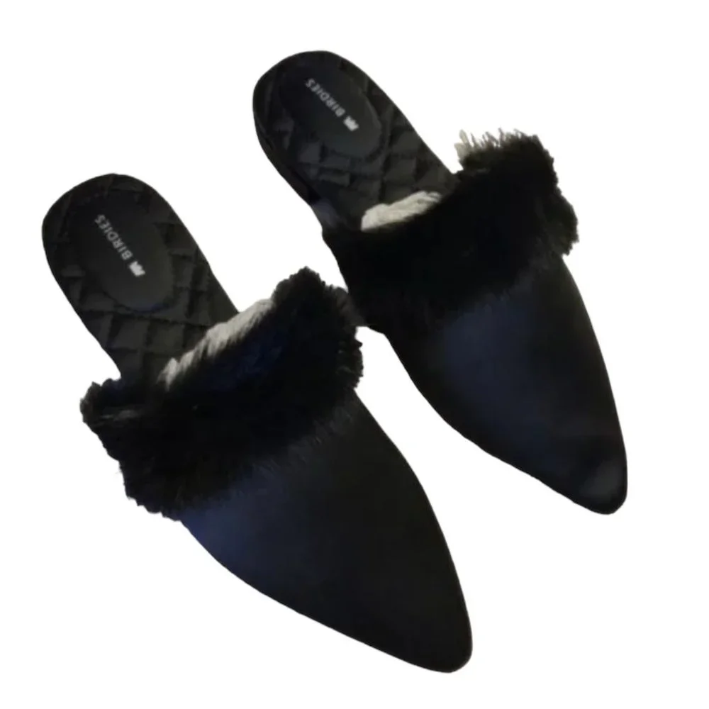 Birdies The Dove Onyx Womens Fur Pointed Toe Slip On Mules, Brand New In Box - Picture 5 of 5